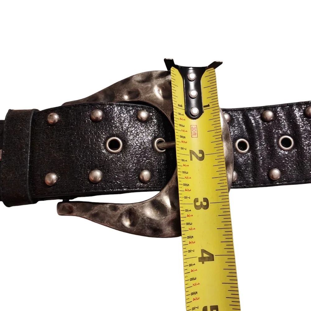 Vintage 90s Y2K Metal Disc Hammered  Stretch Belt w/Large Chunky Buckle |Size XL